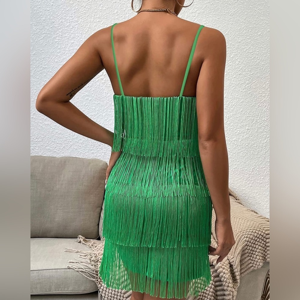 Spaghetti Strap Fringe Trim V Neck Sleeveless Solid Bodycon Cami Mini Dress
